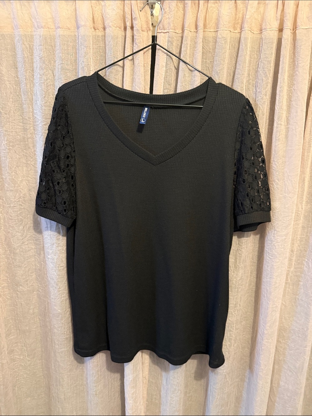 Women's Black V-Neck Short Sleeve Knit Top with Lace Sleeves